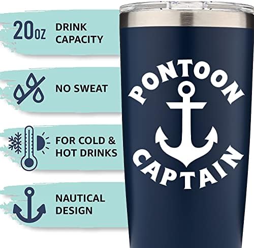 O Capitão do Pontoão do Ponto da Marinha 20 oz - Tumbler de Aço Antelhado Inexinado Dupa Com Dupa Com Dupa Com Tampa - Copas de Café - Presente para Velejadores, Proprietários de Pontoon ou Barcos - Mantenha bebidas frias ou quentes