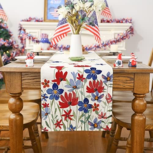 Siilues Patriótico Table Runner, Memorial Day Decor Floral Table Runner 4 de julho Decorações para a casa Patriótica Vintage Decorações