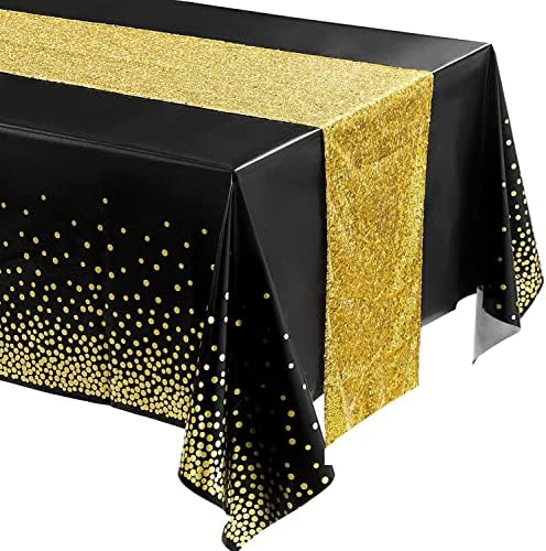 Toalha de mesa de ouro preto e tabela de lantejoulas de mesa de mesa de mesa de mesa de plástico para festas para festas Toca de mesa de tabela de tabela de festas para tabelas de retângulo de formatura Festas de casamento de festas de casamento