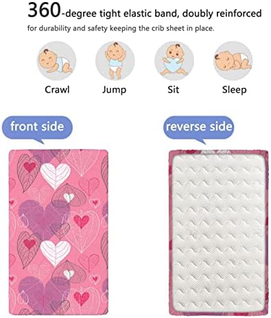 Amor folhas de berço com tema, lençóis portáteis de mini berço lençóis de colchão de colchão para meninas ou menino, 24 x38, rosa pastel e roxo pálido
