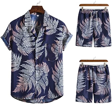 Xzhdd 2 peças Praia havaiana Conjuntos de praia para masculino de linho de algodão Botão de manga curta para baixo camisetas florais