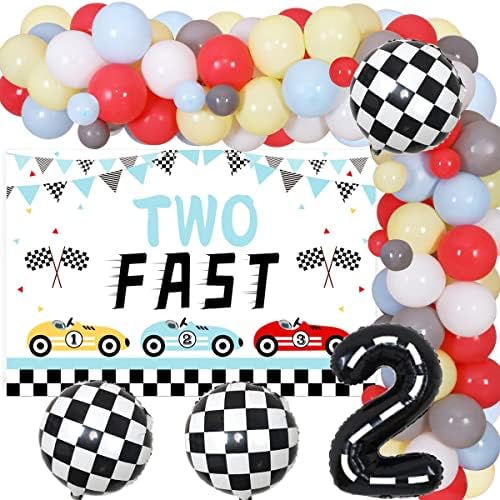 Duas decoração de aniversário rápida Vintage para menino aniversário Dois cenários rápidos Baby Azul Amarelo Racing Car Balloon Garland