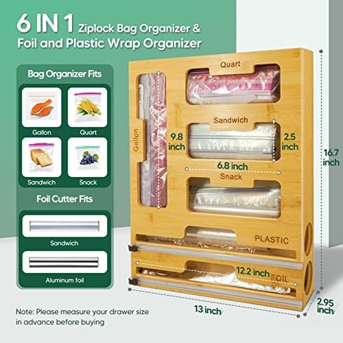 Organizador do saco de ziplock e folha e organizador de plástico com cortador, dispensador de plástico de 6 polegadas e organizador de sacolas de plástico, armazenamento de bolsa de cozinha para galão, quart, sanduíche, lanche, bambu