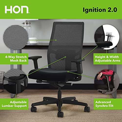 Hon Ignition 2.0 Cadeira de escritório ergonômico Mesh Back Computer Desk Chair - Reclina -Tilt -Tilt, Suporte lombar, rodas giratórias,