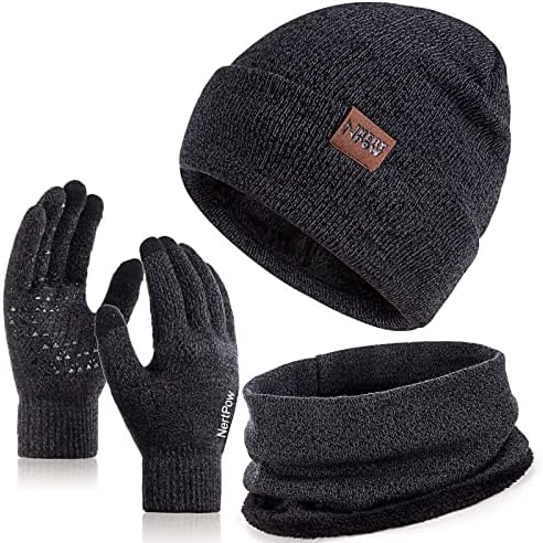 Inverno 1-3 PCS Luvas de chapéu de gorro para homens e mulheres, lã de lã de malha revestida com tela sensível ao toque quente Luvas de lenço infitante do gorro
