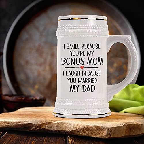 Bonus Mom Wedding Beer caneca para mulheres, eu sorria madrasta engraçada madrasta madrasta passo a passo do dia das mães aniversário