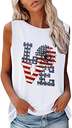 4 de julho Tampo de tanques para mulheres sem mangas o pescoço camisetas American Flag Star