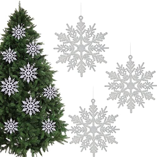 Ornamentos brancos de floco de neve 4 polegadas 36pcs glitter plástico grande - para pendurar ornamentos de floco de neve de