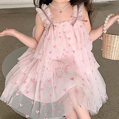 Vestido de suspensão de meninas no verão Amor impresso Médio e jovem princesa bolo de fios de rede 18 meses Garota