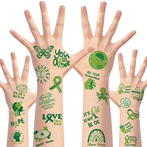 Haooryx 24Sheets de saúde mental tatuagens de conscientização temporária Decoração temporária Suporte de fita verde à prova d'água Não estigma adesivo de tatuagem falsa para adultos para adolescentes escolares eventos de angariação de fundos