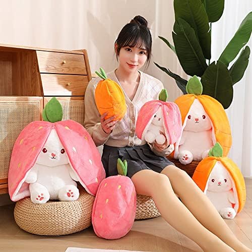Xiyuan Strawberry Rabbit Backed Animal, almofada de brinquedo de cenoura de coelho macia, reversível de cenoura de morango com zíper, decoração de travesseiro de coelho, para meninos e meninas presentes