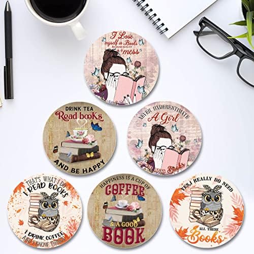 KOIXA PACK 6 Coasters Leitura de montanha -russa de cerâmica com Base de cortiça bebida gelada Presentes engraçados para a casa