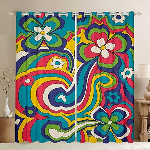 Crianças Flores coloridas Cortinas fofas cortinas 52 WX96 l Hippie Peace Symbol Cortinas para meninas Kawaii Decor