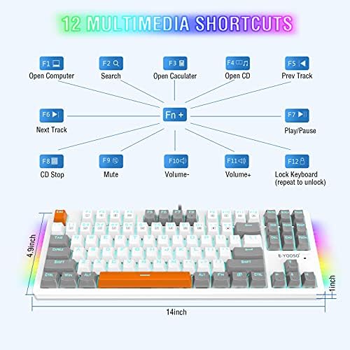 Teclado de jogos mecânicos e-yooso, teclado mecânico com fio com interruptores marrons, teclado de 87 teclas com lidada de retroilumos de cor sólida e ledlight led RGB para Windows Mac PC Gaming
