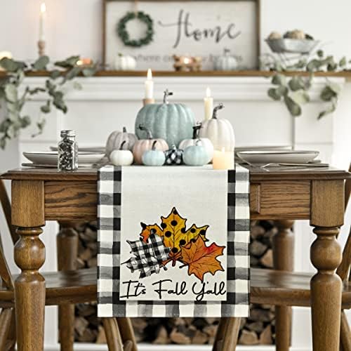 Modo Artóide é Fall Y'All Maple Polka Dot Folhas de búfalo Plaid Table Runner, Decoração sazonal de mesa de jantar de cozinha vintage para a decoração de festa em casa ao ar livre 13 x 72 polegadas