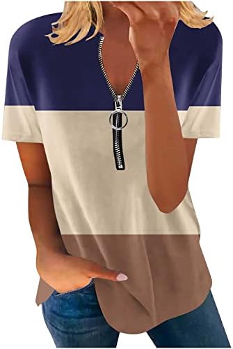 Camisas de manga curta soltas de mulher zíper V blusas de pescoço camisetas coloridas de gradiente superior 2023 túnicas de blusa