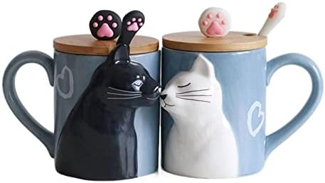 Zalord Beverage Cups Um par de amantes de gatos estéreo Cerâmica caneca de cerâmica 350ml preto e branco beijo de gato de café copo presente de casamento de presente caseiro