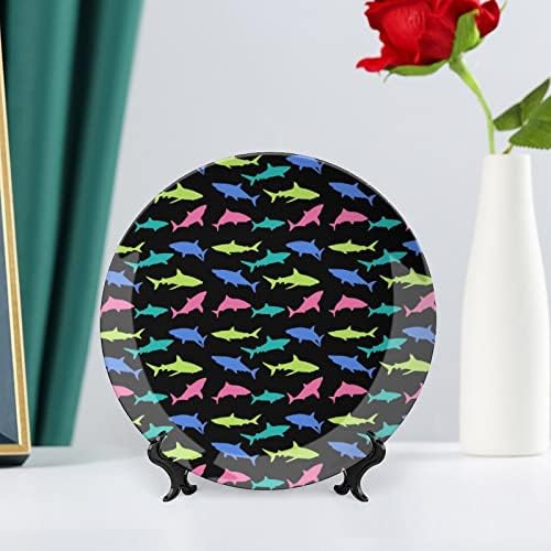 Padrão de tubarão colorido Osso porcelana placa decorativa Placas de cerâmica redonda artesanato com exibição Stand for Home Office Wall Dinner Decor