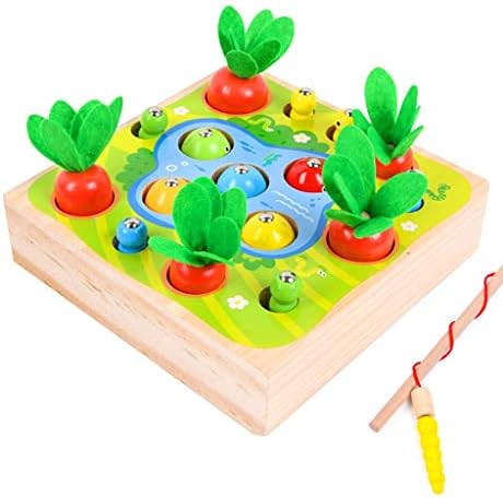 Jogo de pesca magnética de madeira para crianças pequenas, colheita de cenoura pegando brinquedos de minhocas, montessori fino