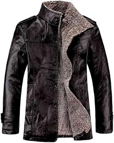 Maiyifu-Gj Men's Vintage Faux Leather Jacket Pu Zip Up Stand Collar Trucker Coat Lapeel Sherpa Alinhado Jaquetas Slim Fit Slim