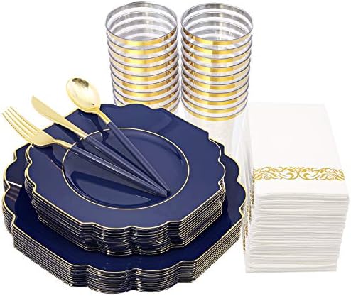 Nervure 140pcs Placas de plástico azul e talheres de plástico dourados com alça azul - placas de ouro azul incluem: 40plates,