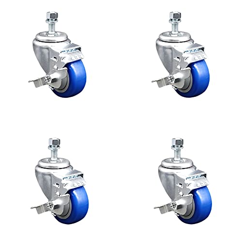 Conjunto de giro giratório de poliuretano Conjunto de lançadores de 4 w/3 x 1,25 Rodas azuis e hastes de 1/2 - inclui 4 com freios totais de travamento - 1200 lbs Capacidade total - Marca de lançador de serviço