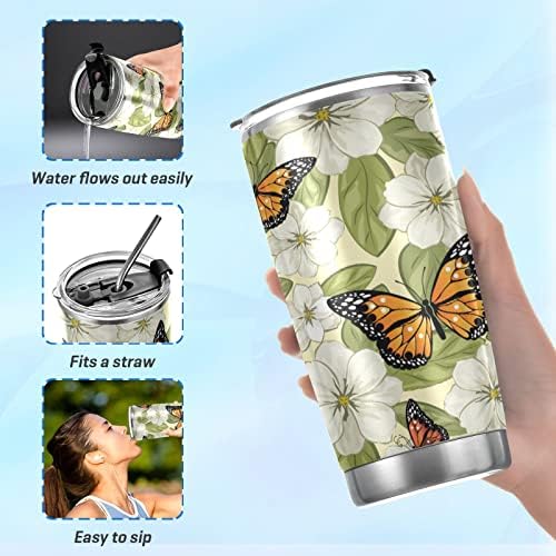 Kigai 20 oz de borboleta no copo de flores brancas glip com tampa e palha, aço inoxidável duplo a vácuo de parede isolada de caneca de café