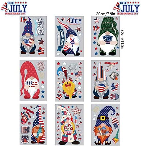 4 de julho Gnome Janela aga decorações para vidro, decalques de decoração do dia da independência para casa, Red White e Blue Patriótico Estrelas Americana dos EUA.