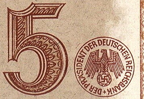 1942 De Nazi 5 Mark Bill W Aryan Teen, Swastika - Moeda Histórica da Segunda Guerra Mundial! 5 Reichsmark VF+
