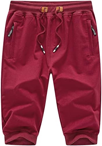 Dr.Cyril Masculino 3/4 shorts elásticos de algodão elástica Capri abaixo do treino de joelho, com bolsos de zíper com zíper