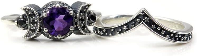 Colorido bling wicca pagã tripla lua de lua de divisão Ring Ring Set Black Purple Crystal Cresent for Women Wedding Engagement Promise Jewelry