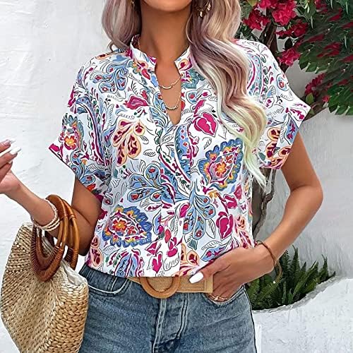 Tampas estampadas florais femininas 2023 verão Casual de manga curta Camista solta camisa de pulôver em V Tunics Dressy Bloups