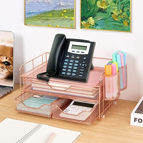 Opnice Desk Organizer com 3 gavetas e 2 portadores de caneta, acessórios de mesa de três camadas e organizadores da área