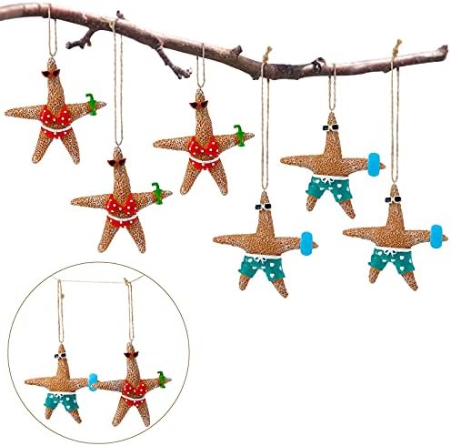Ornio de estrela do mar de praia de praia de Natal Casal de decoração de resina de casal de decoração de praia de férias penduradas ornamentos de Natal decorações de estrelas da árvore de Natal com corda, 4 polegadas