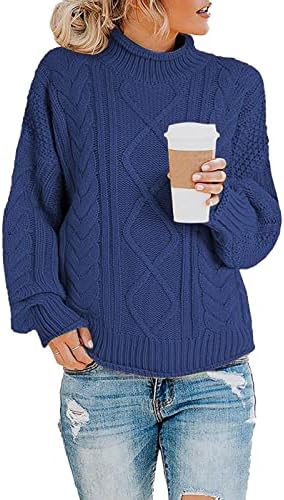 Camisola de gola alta para mulheres casuais malhas malhas de algodão desleixado suéteres vintage de manga longa tops lumradores soltos azul