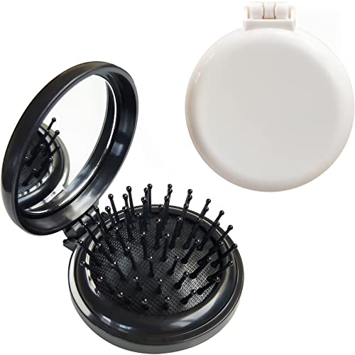 Escova dobrável de cabelo com espelho para bolsa/bolso, mini pente de massagem compacta redonda para meninas e mulheres