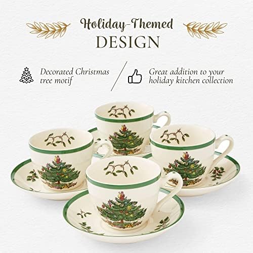 Spode Christmas Tree Collection Chear e pires, conjunto de 4, design de acabamento verde, xícara de café para café