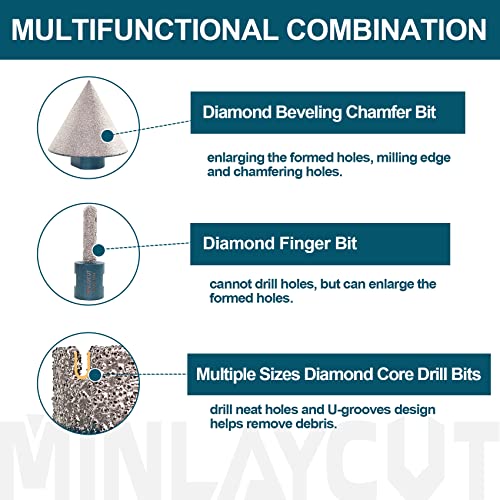 Conjunto de brocas de núcleo de diamante Minlaycut - kit de serra de orifício de ladrilho 10pcs 6/8/10/25/35/50/65mm com diamante