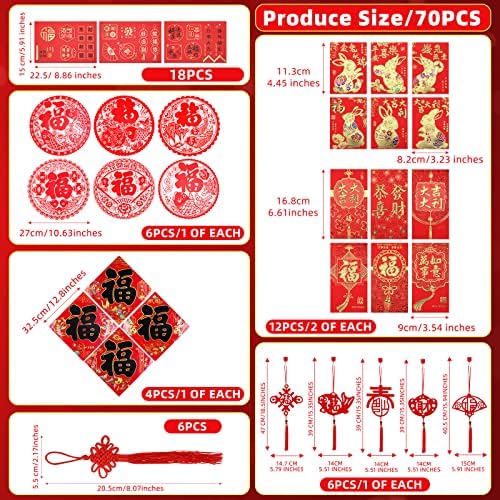 70 peças Decoração do ano novo chinês 2023 Campos chineses Lanternas vermelhas envelopes vermelhos nós chineses FU