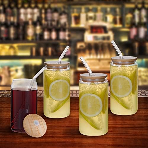 Os copos de bebida bewbbat podem copo, 4 pacote de vidro de cerveja em forma de 16 oz com tampa de bambu e palha de vidro, copo de bebida em forma de lata clássica para bebidas de cerveja de bebidas