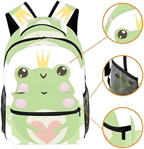 Mochila da Escola Javenproeqt para meninos de meninas, sapo fofo com coroa e bookbag casual com o bolso da garrafa de água