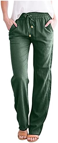 Calças de perna larga feminina 2023 Linho de algodão de verão As calças elásticas da cintura