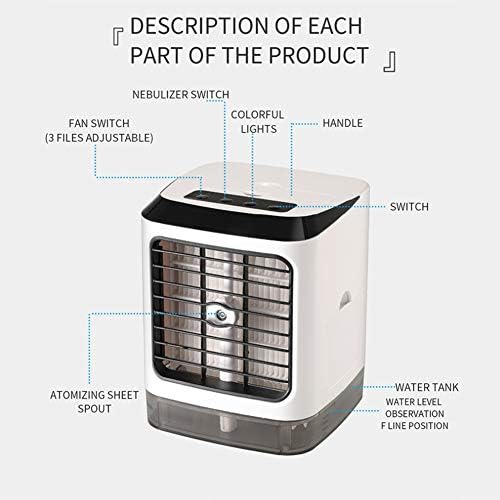 LHH Cooler portátil de ar, mini ar condicionado e umidificador, pequenos refrigeradores evaporativos purificadores, ventilador de refrigeração de ar móvel pessoal, com velocidade de vento de três níveis ajustável, para o escritório de casa