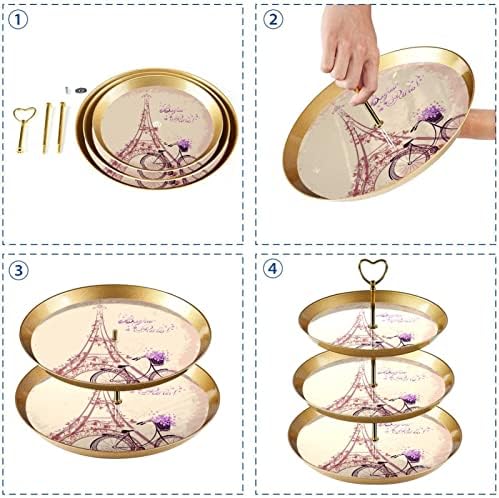 Conjunto de bolo de 3 cupcake de 3 camadas Stands reutilizáveis ​​pratos de pastelaria para decorações de festas de chá de aniversário de casamento, Paris Eiffel Tower Purple Flower