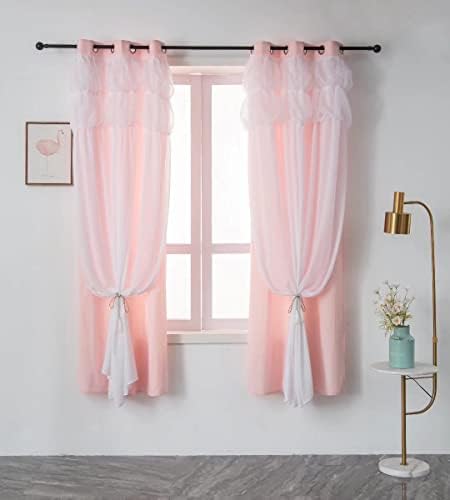 Misture as cortinas de dupla camada Gy e combina cortinas de sobreposição de tule branca cortinas de blecaute para quarto, quarto das crianças, cortinas de estilo de princesa, rosa corado, 52x63 polegadas, conjunto de 2 painéis