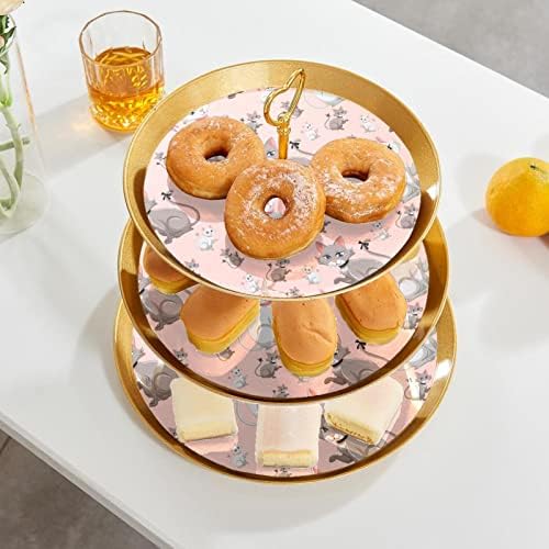 3 Placa de fruta de cupcakes de 3 camadas de sobremesa Plástico para servir suporte de exibição para casamento de aniversário Decorações de chá de chá de chá de bebê redondo, gatinho fofo padrão sem costura padrão