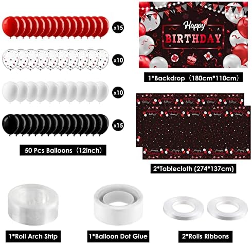 Decorações de aniversário preto e vermelho Confetti Balões Kit 57 peças Fotografia de aniversário Banner Toalhes de mesa para meninos