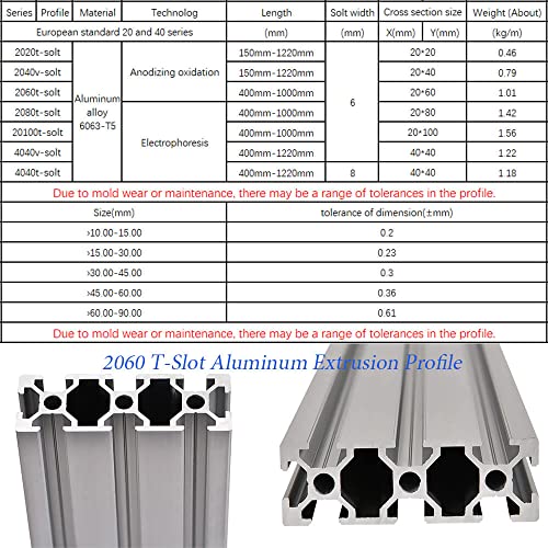 2pcs 20 séries t slot 2060 Perfil de extrusão de alumínio 15,75 '', trilho linear padrão europeu padrão para peças de impressora