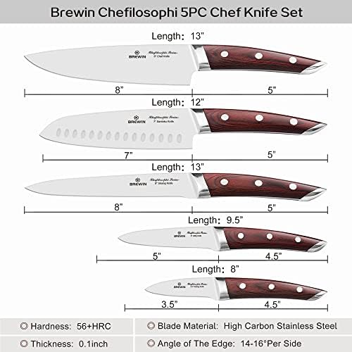 Brewin Chefilosophi Chef Knife Conjunto 5 PCs com elegante projeto ergonômico de alça de pakkawood vermelho, facas de cozinha ultra -afiadas profissionais para cozinhar faca de chef japonês de aço inoxidável de alto carbono
