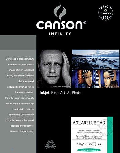 Canson Infinity Aquarelle Rag 310gsm, papel de jato de tinta fosco branco natural, A4, caixa de 25 folhas